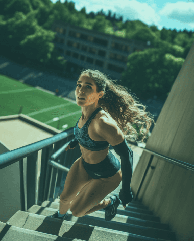 Mujer subiendo las escaleras ejercitándose, a punto de tirar la toalla