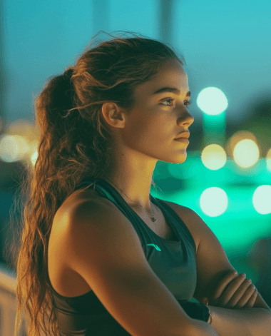 Mujer deportista pensando sobre su futuro deportivo sin claridad mental o foco